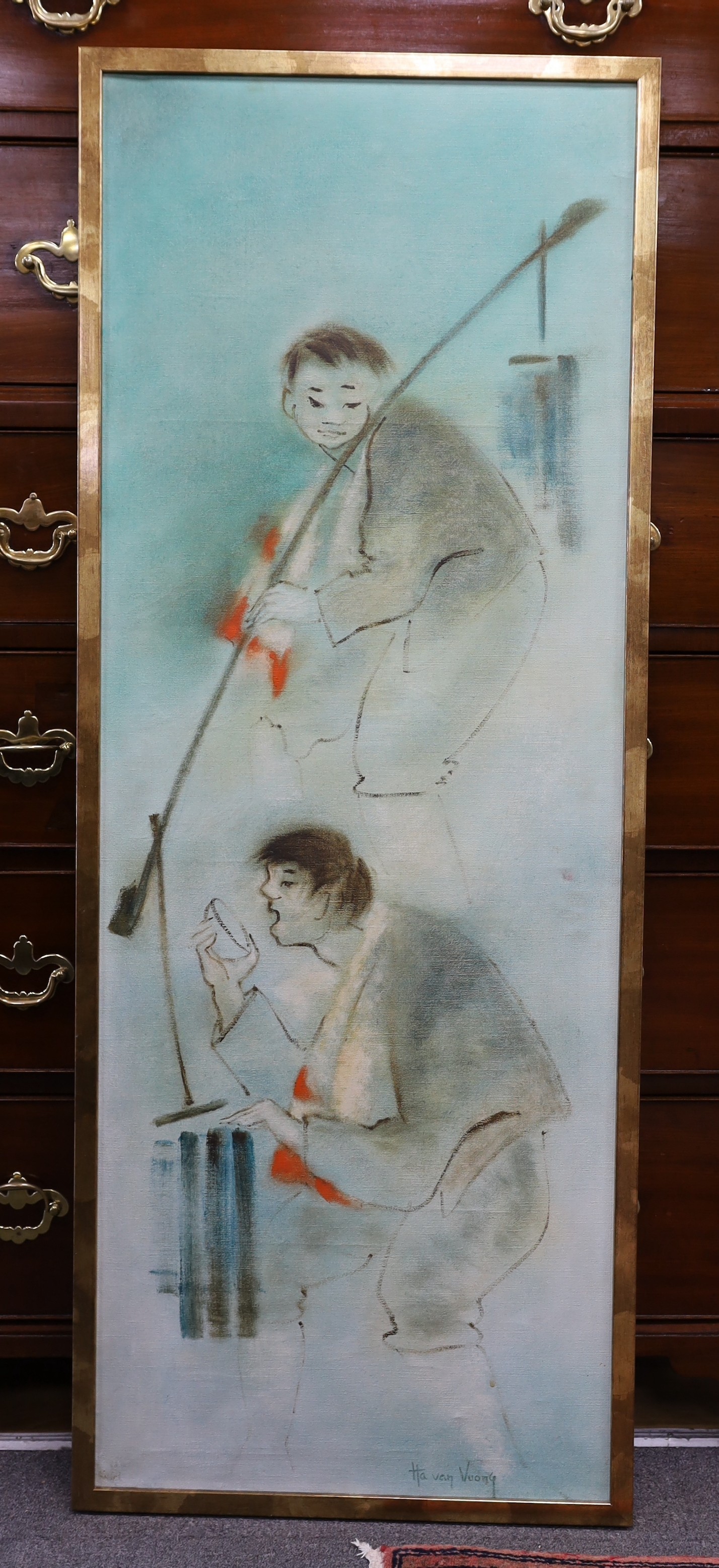 Ha van Vuong (Vietnamese, 1915-1990), oil on canvas, 'Brothers', signed, 131 x 48cm